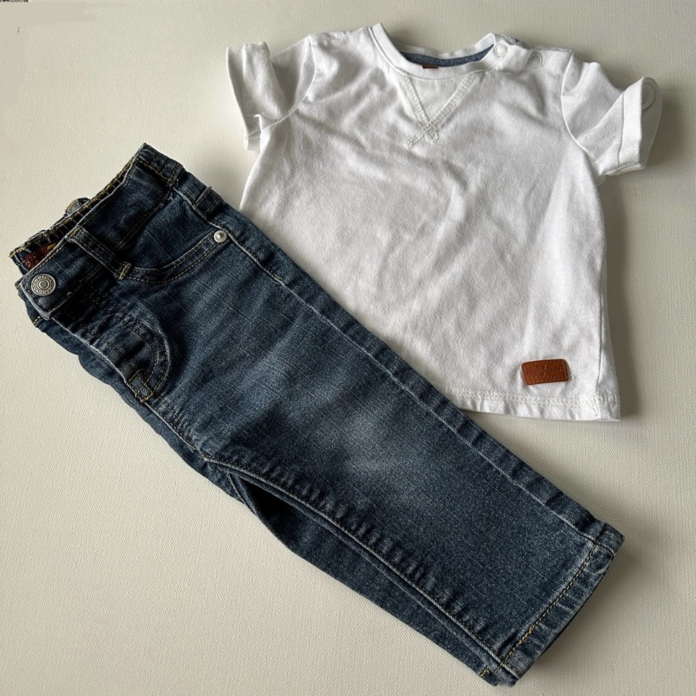 Seven7 Boy’s tee short sleeve white  and long denim pants | 12M.